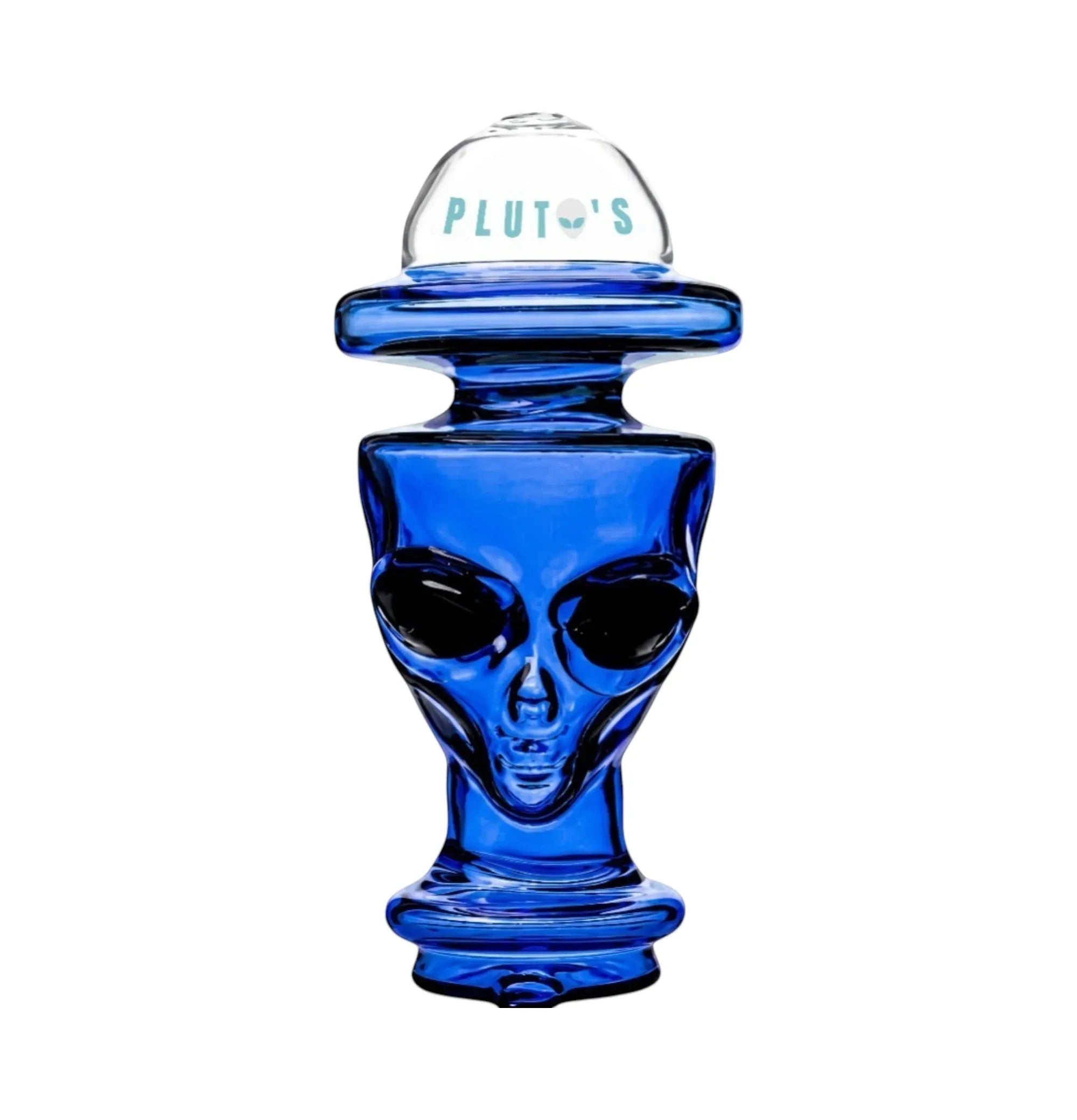 King Pluto blue glass Alien Head dry attachment for Focus V Carta e-rig with Pluto's branding.