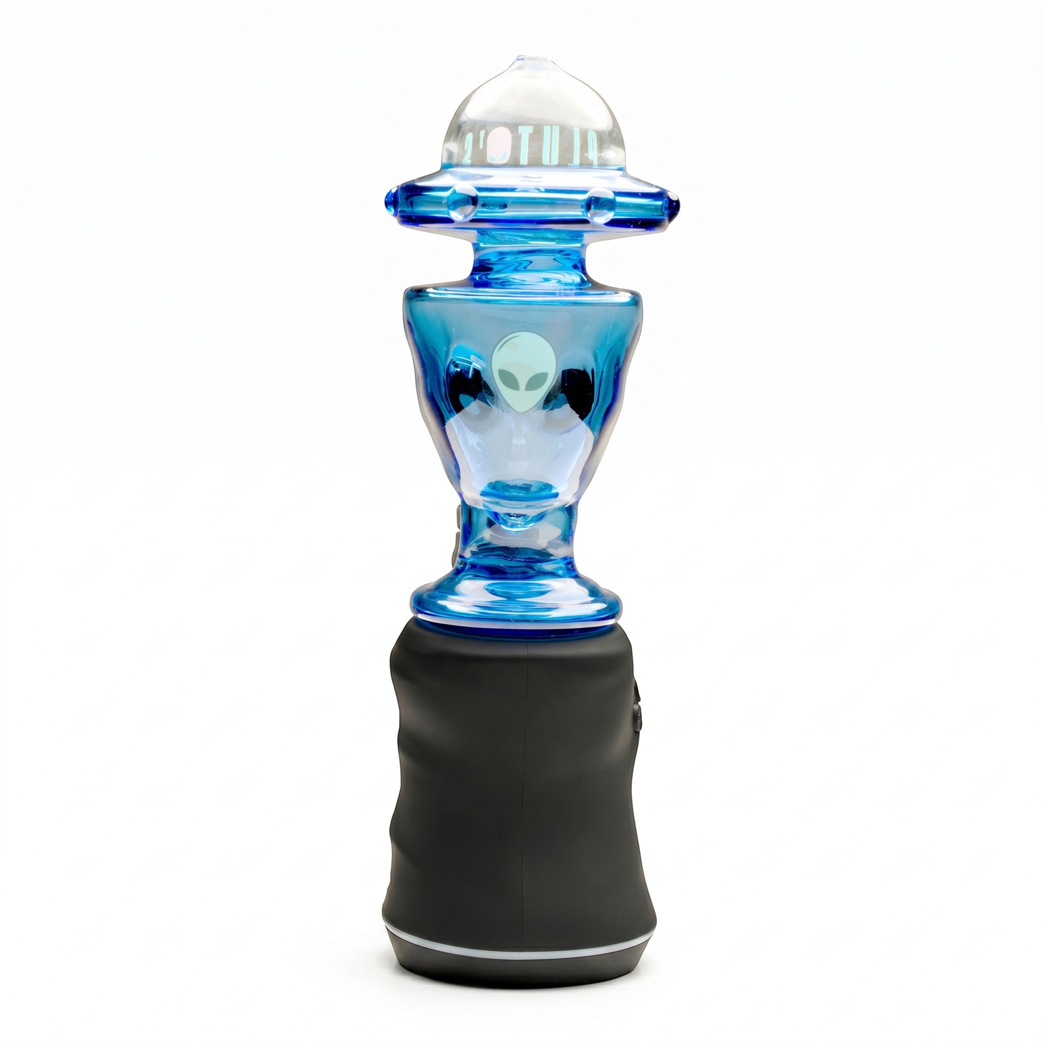 King Pluto blue glass Alien Head dry attachment for Focus V Carta e-rig with a 4-inch cosmic design.