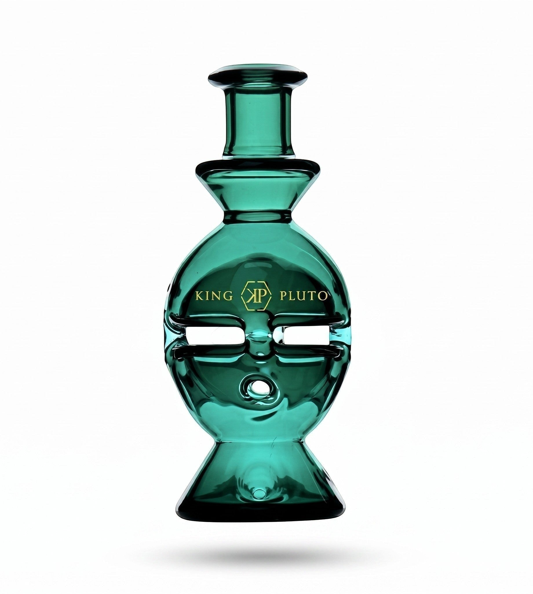 King Pluto 6-inch green glass Fabb-Egg handpipe with a unique waterpipe-style design and gold logo branding.