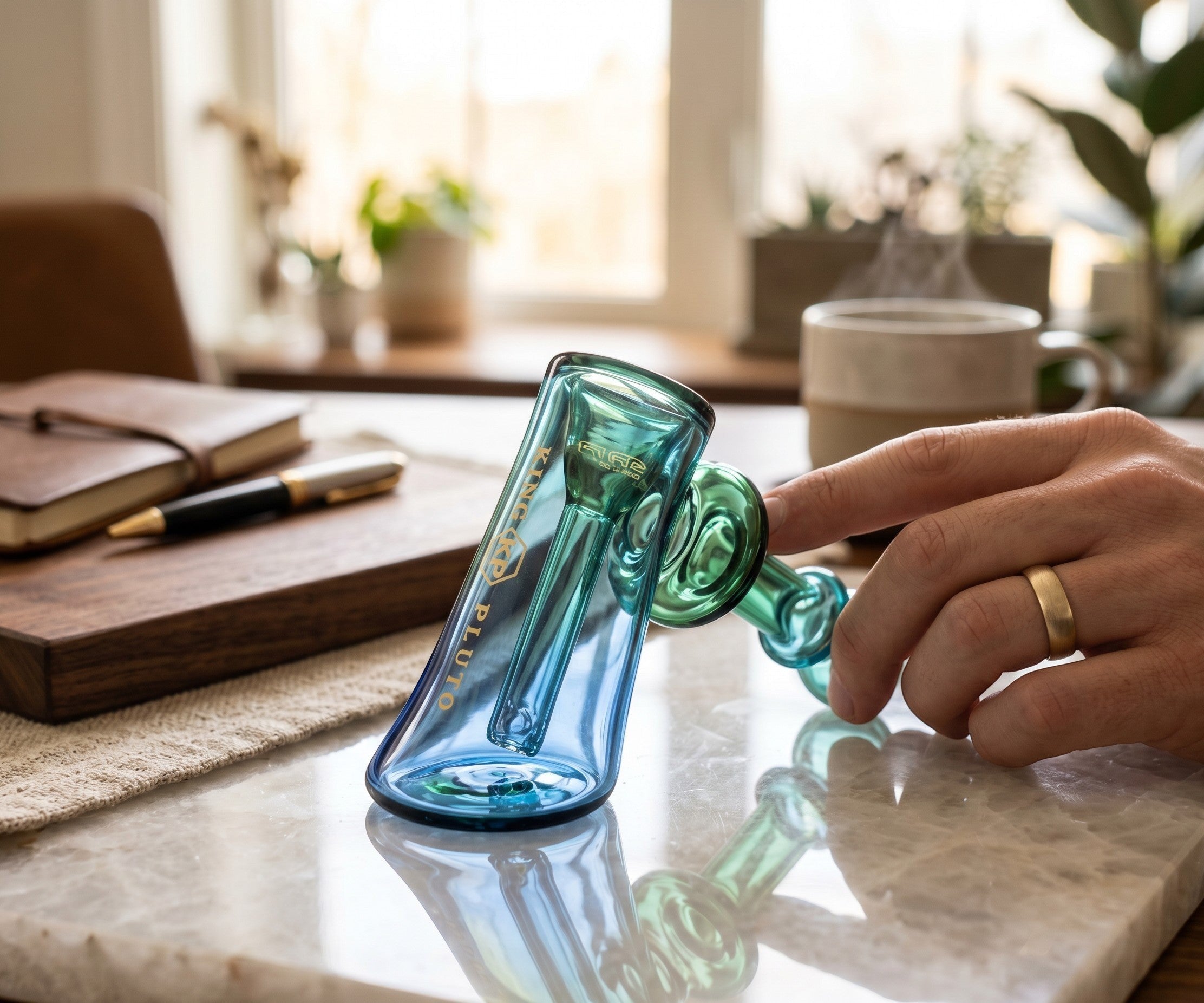 King Pluto 5-inch glass hammer bubbler pipe with blue and green gradient finish on a marble table.