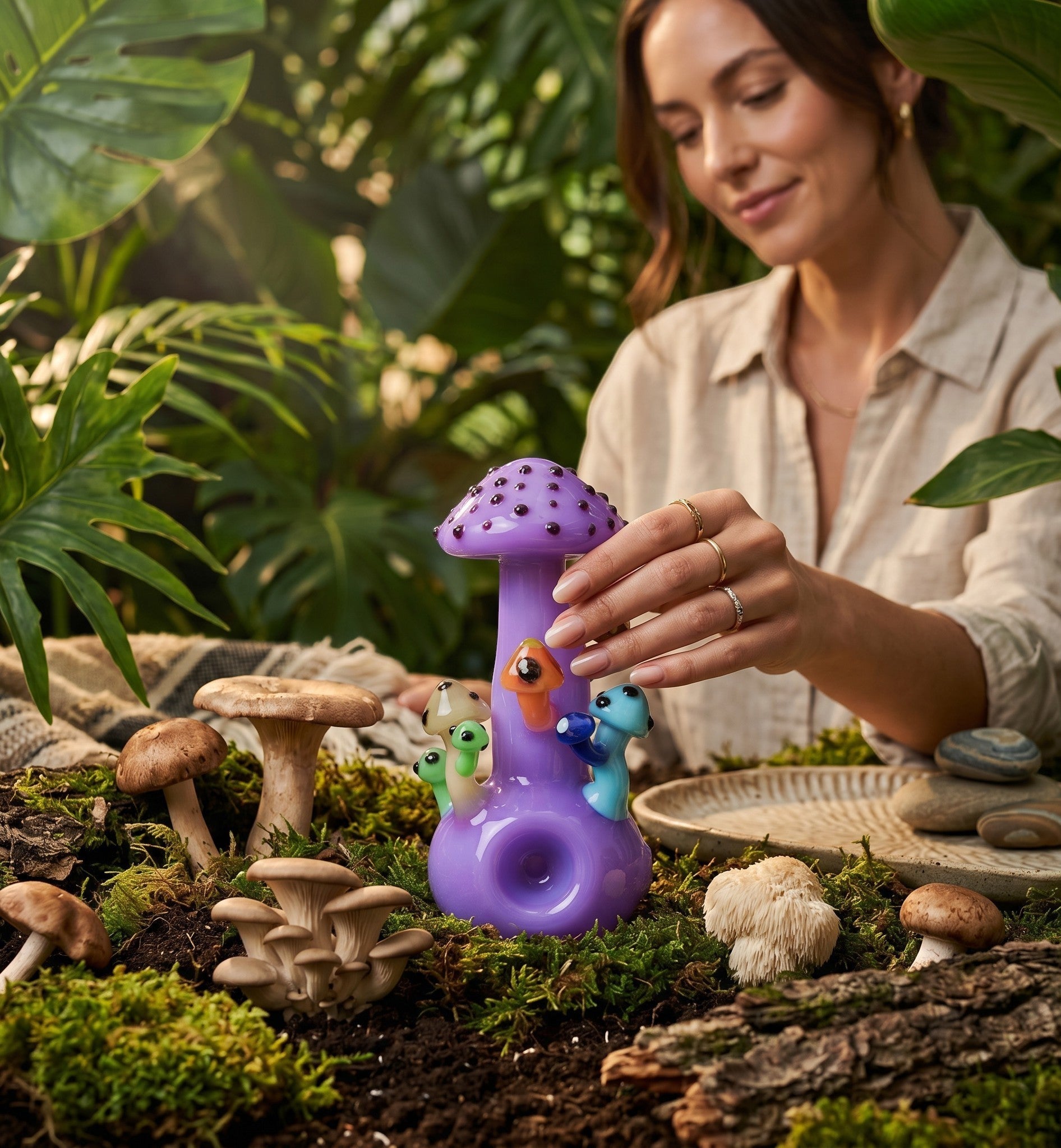 A woman holding a 4-inch King Pluto glass handpipe shaped like a purple mushroom in a lush, mossy forest setting.