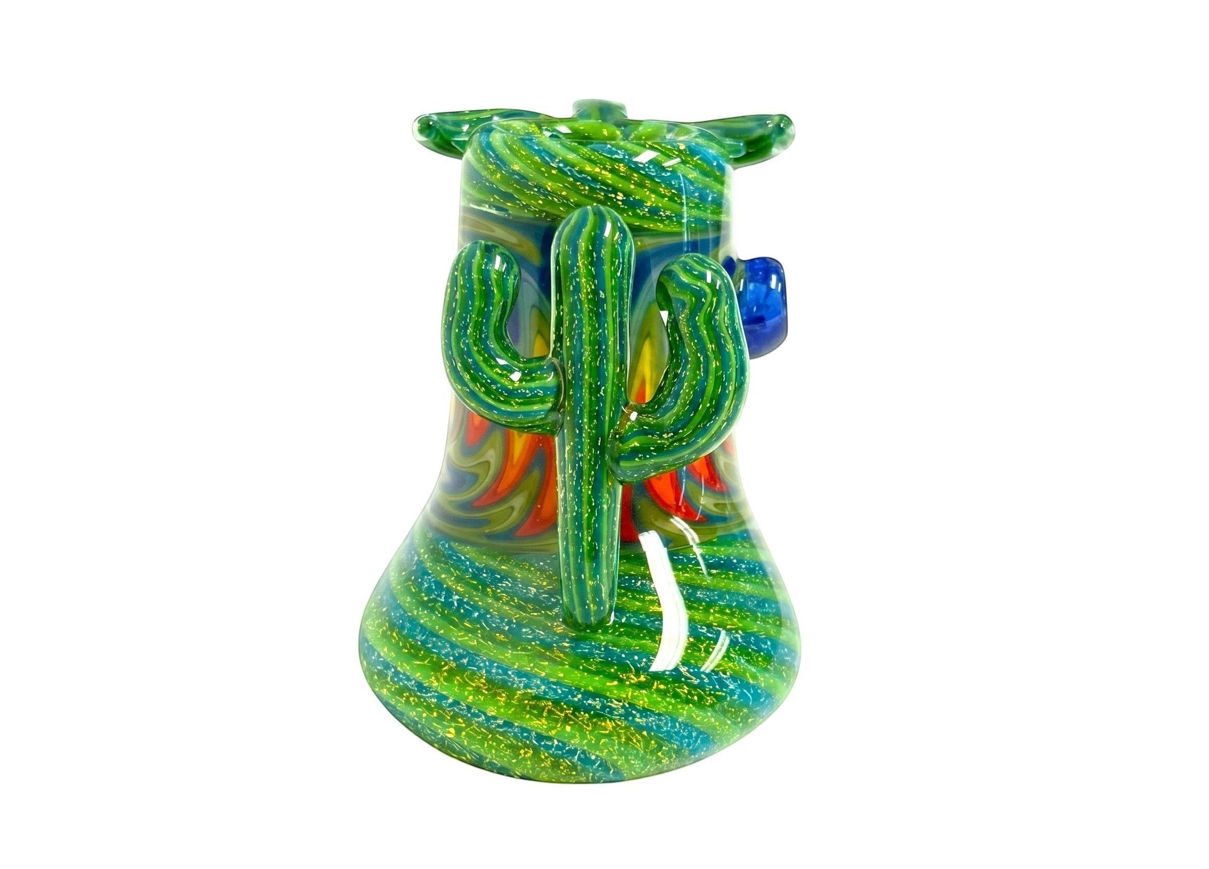 King Pluto PLBUB1 STING glass bubbler featuring a vibrant green cactus design with swirl patterns and gold accents.