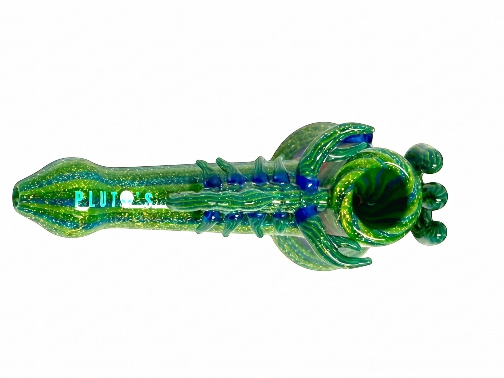 King Pluto PLBUB1 STING glass bubbler featuring a green and blue scorpion-inspired design with intricate details.