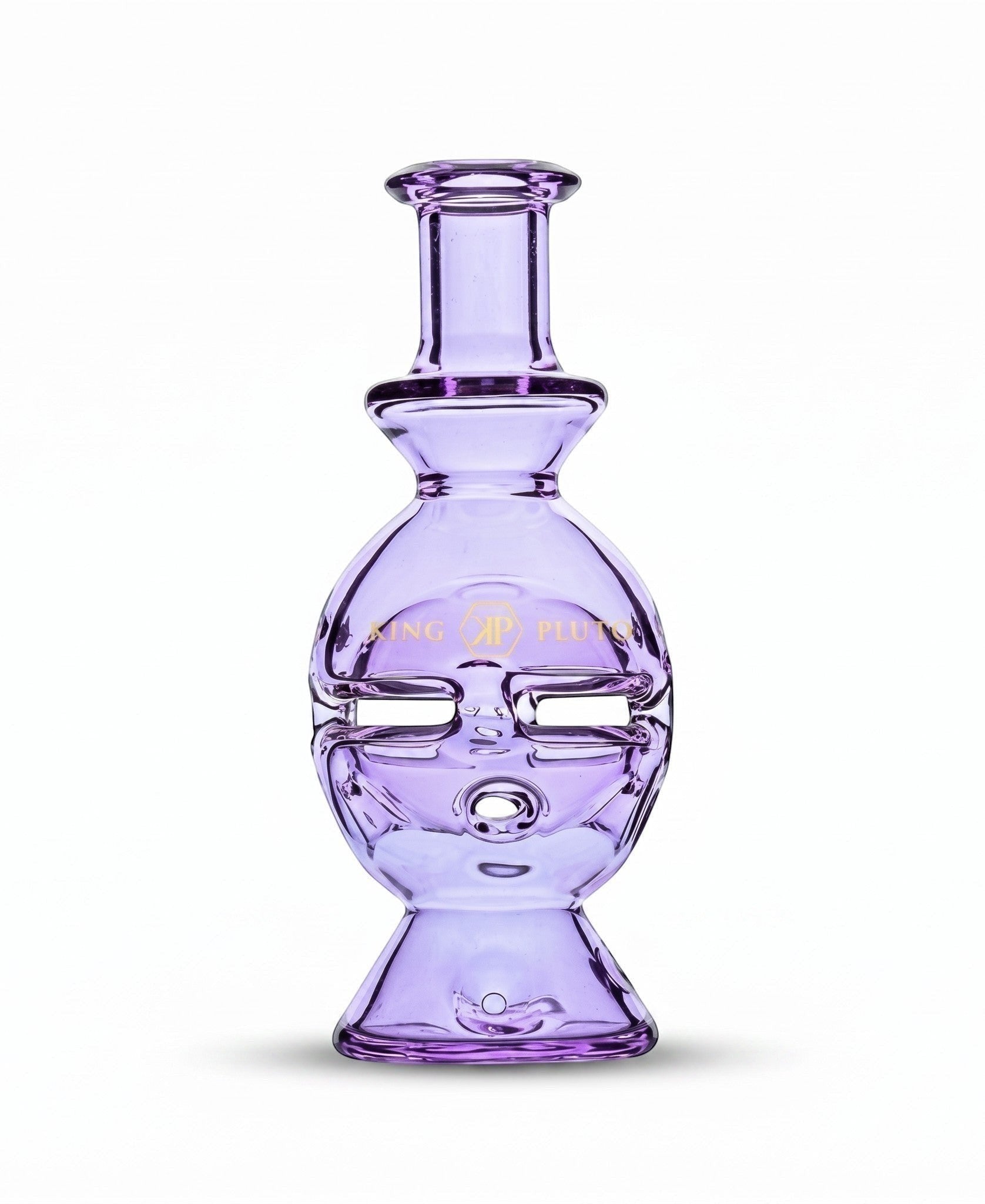 King Pluto 6-inch purple glass Fabb Egg handpipe with a unique waterpipe-style design and gold logo branding.