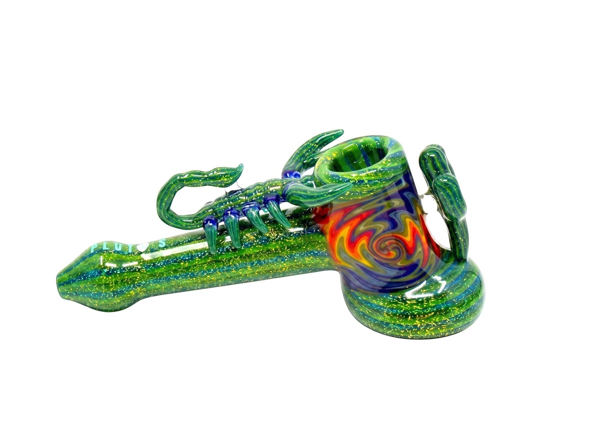 King Pluto PLBUB1 STING green glass bubbler pipe with a detailed scorpion design and colorful swirl accents.