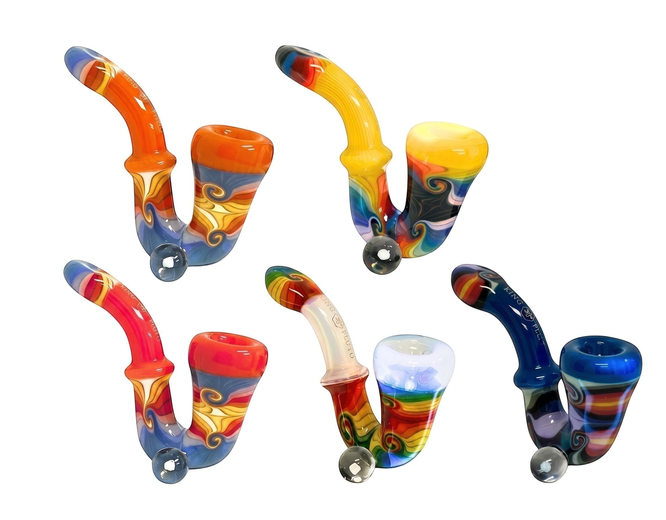 King Pluto 5-inch glass sherlock pipe with swirled reversal wigwag design and embedded opal in assorted colors.