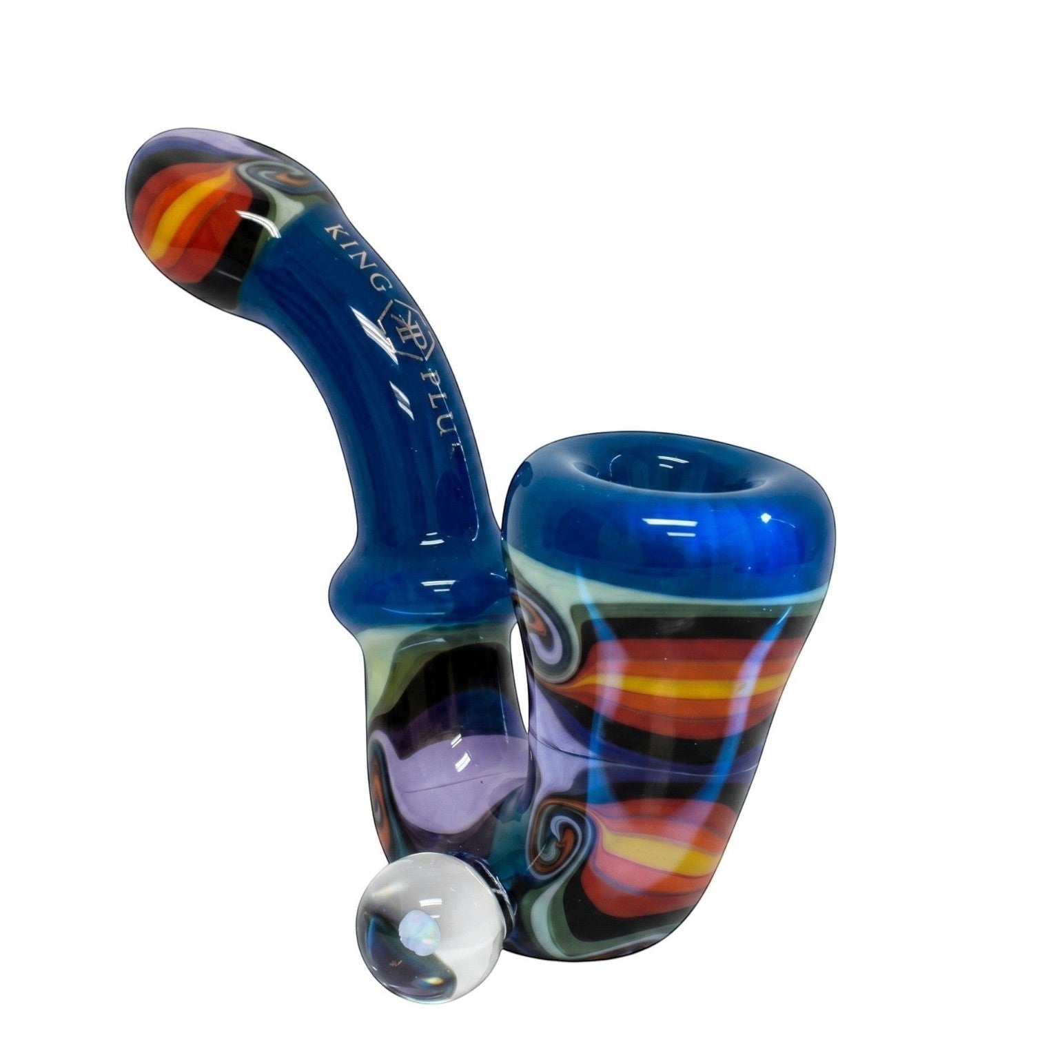 King Pluto 5-inch glass sherlock pipe featuring a colorful swirled reversal wigwag design and a real opal accent.