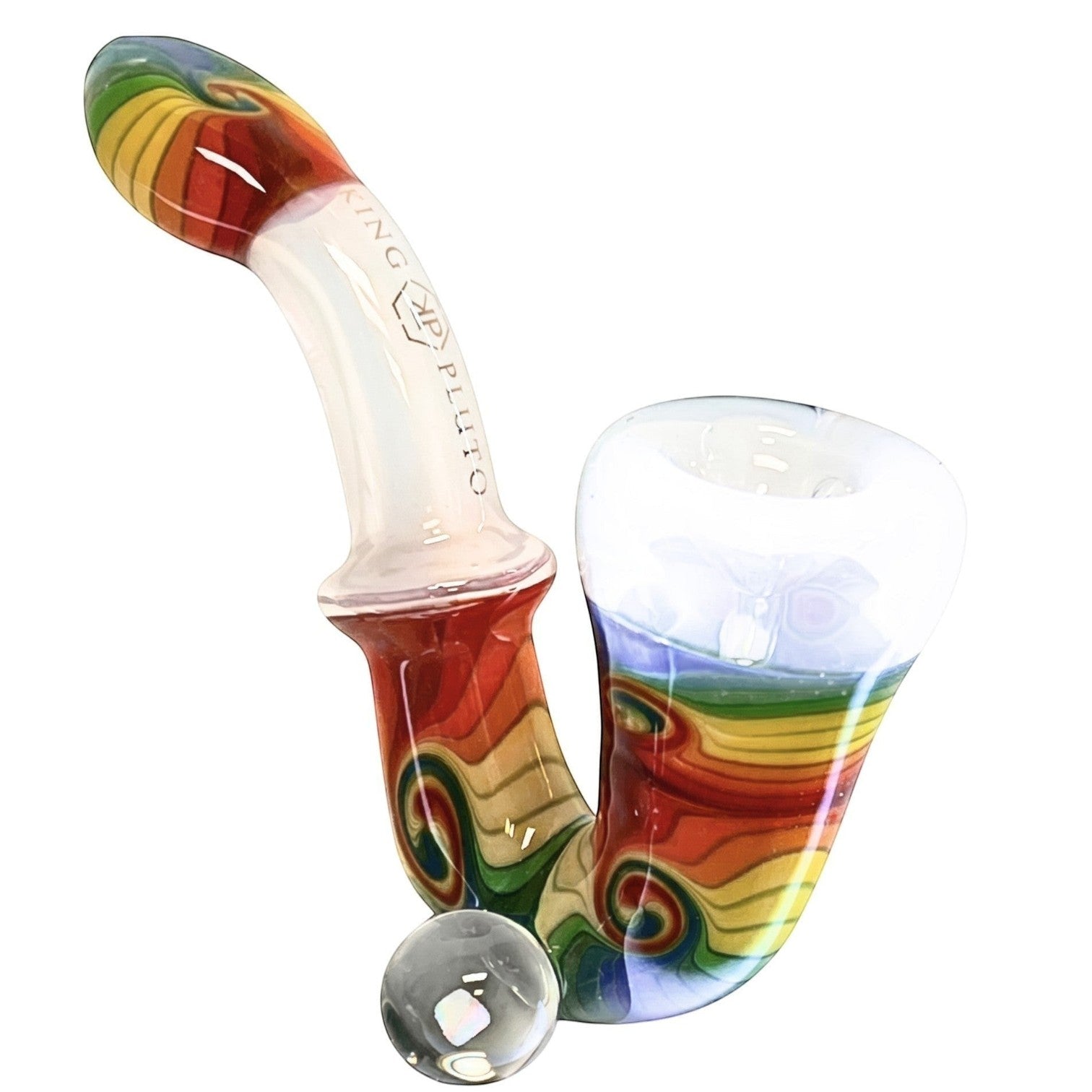 King Pluto 5-inch glass sherlock pipe featuring a colorful swirled reversal wigwag design and an embedded opal.
