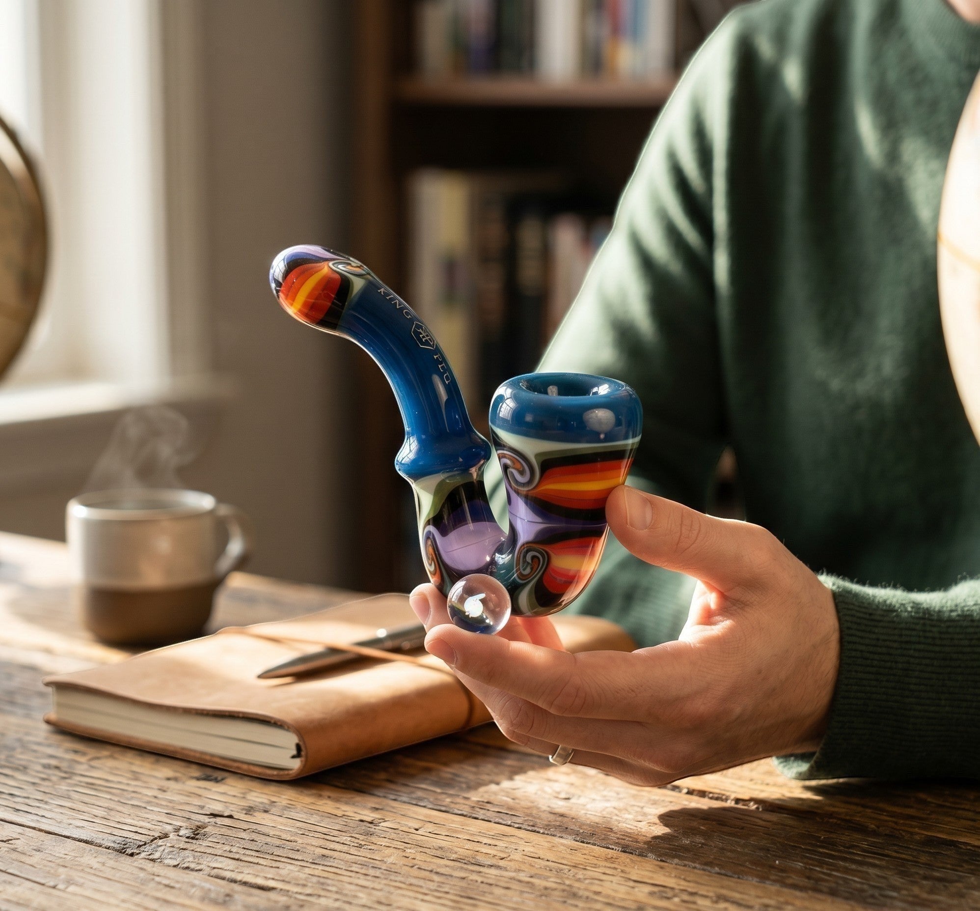 King Pluto 5-inch glass sherlock pipe with swirled reversal wigwag design, opal inlay, and vibrant American colors.