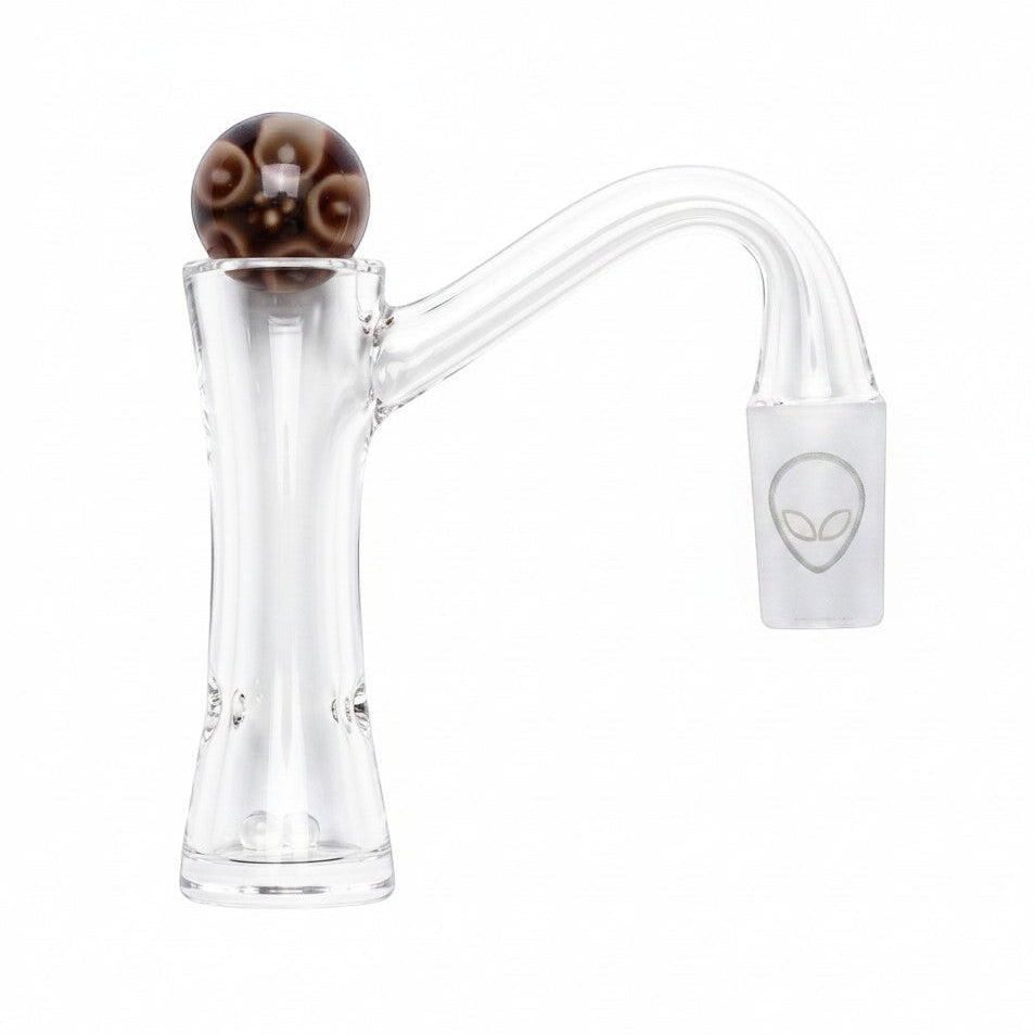 King Pluto PLQB9 URSA clear borosilicate glass carb cap with a patterned marble topper and alien head logo