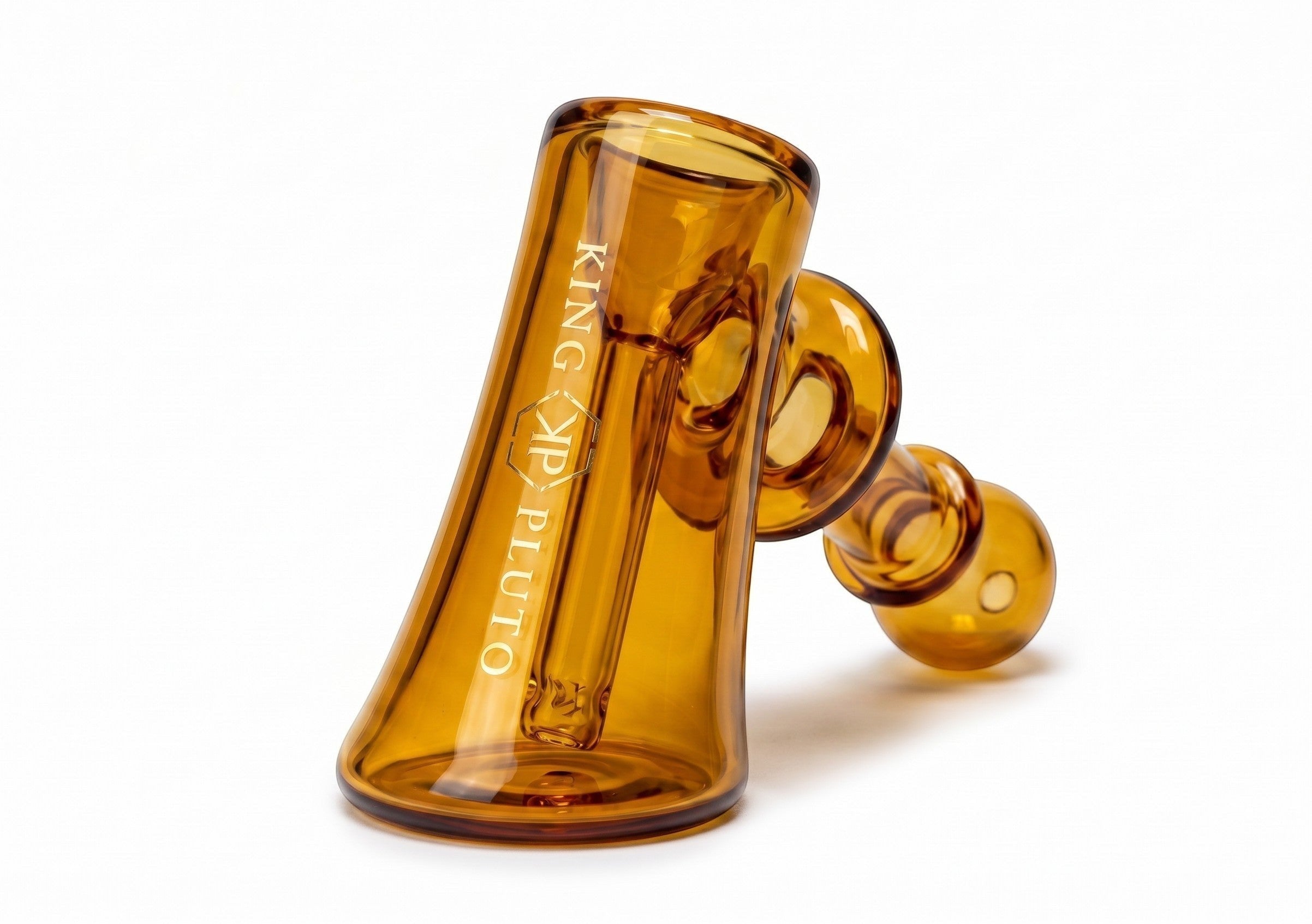 King Pluto 5-inch amber glass hammer bubbler pipe with a translucent finish and branded logo on the side.