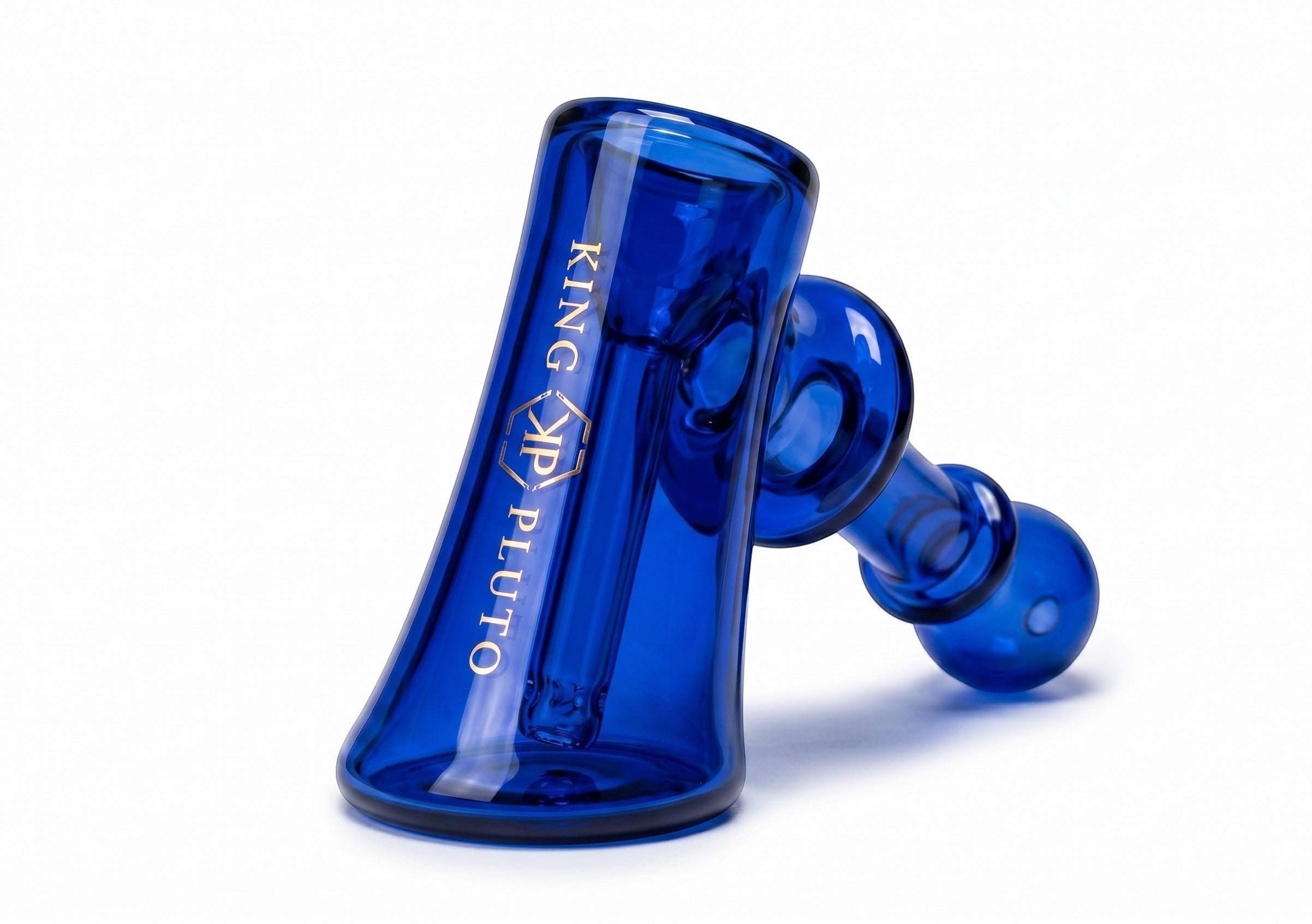 King Pluto 5-inch blue glass hammer bubbler pipe with gold logo branding on a white background.