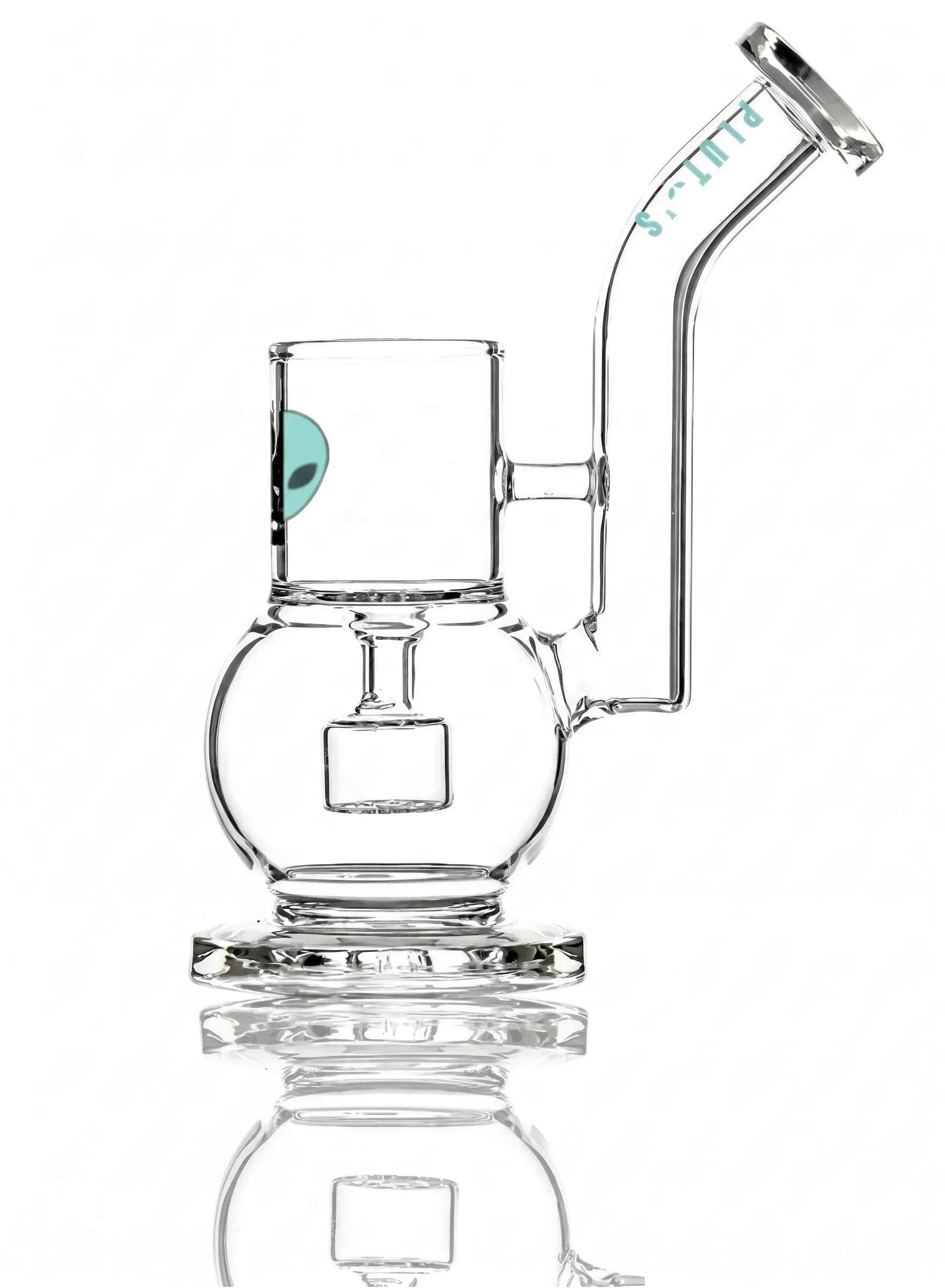 King Pluto PLPPA2 bubble proxy attachment made of clear glass with an alien logo and angled mouthpiece