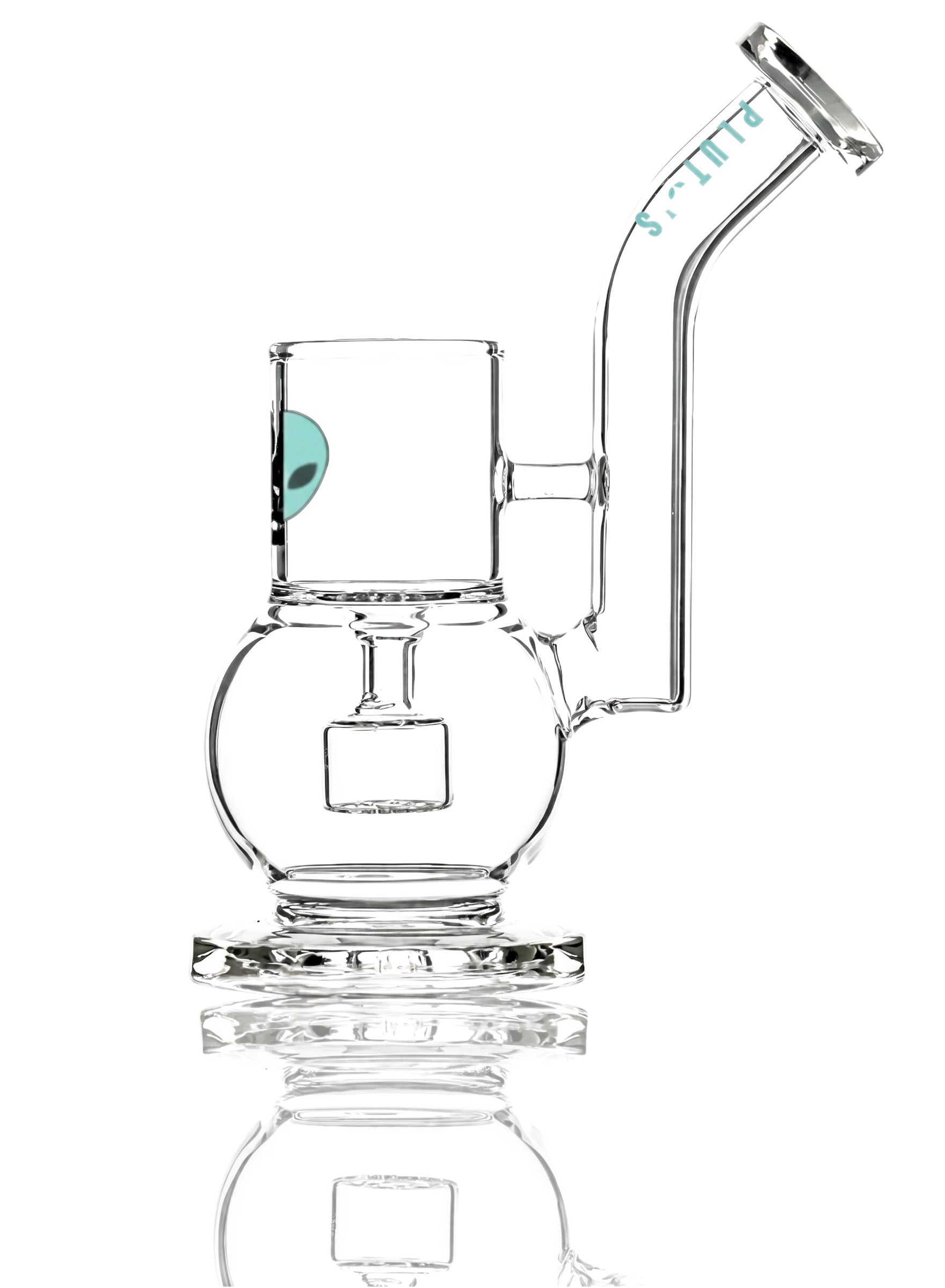 King Pluto PLPPA2 bubble proxy attachment made of clear glass with a teal alien logo and curved mouthpiece