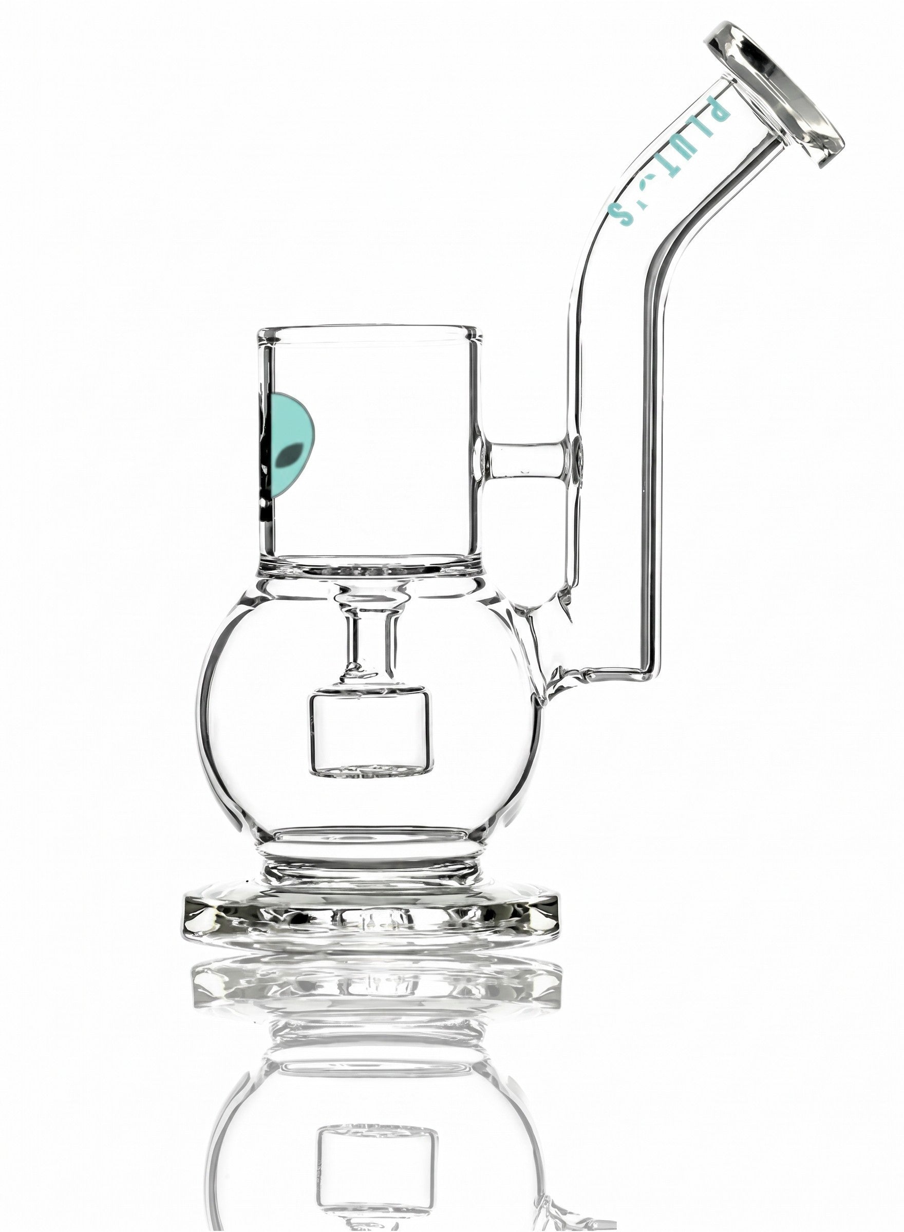 King Pluto PLPPA2 bubble proxy attachment made of clear glass with an alien logo and curved mouthpiece.