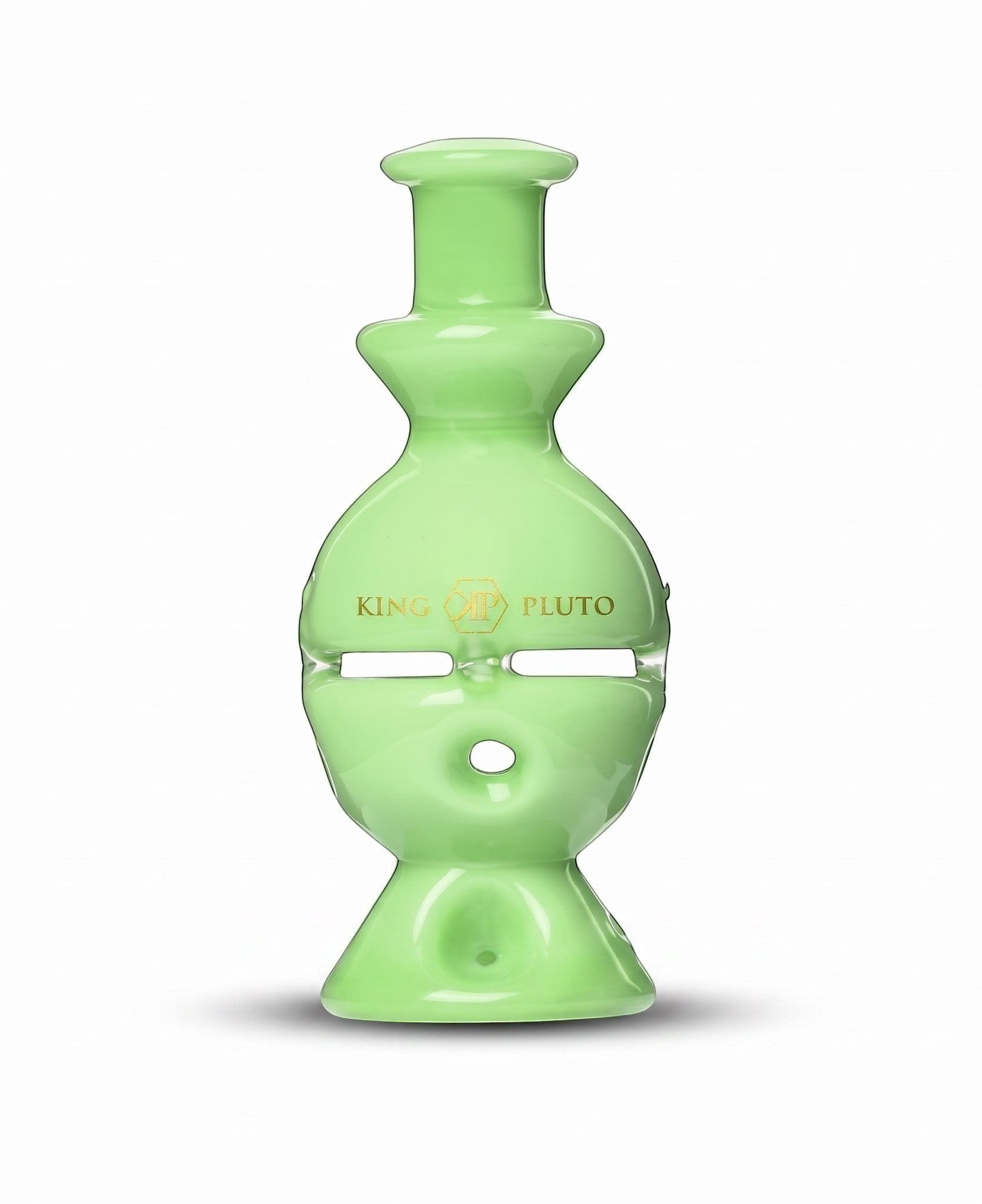King Pluto 6-inch light green glass Fabb-Egg handpipe with gold logo branding and unique waterpipe-style design.