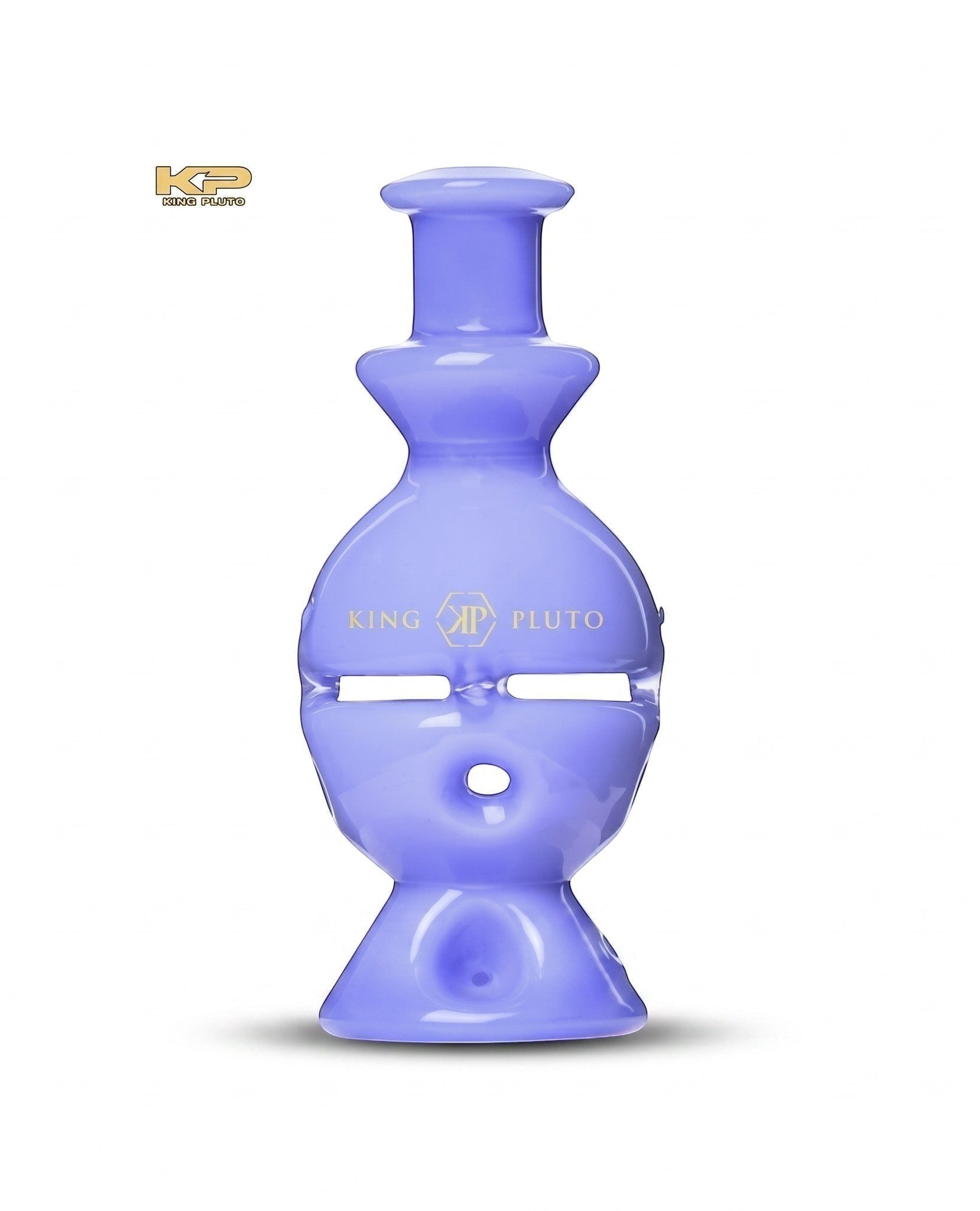 King Pluto 6-inch lavender Fabb Egg glass handpipe with a unique waterpipe-style design and gold logo branding.