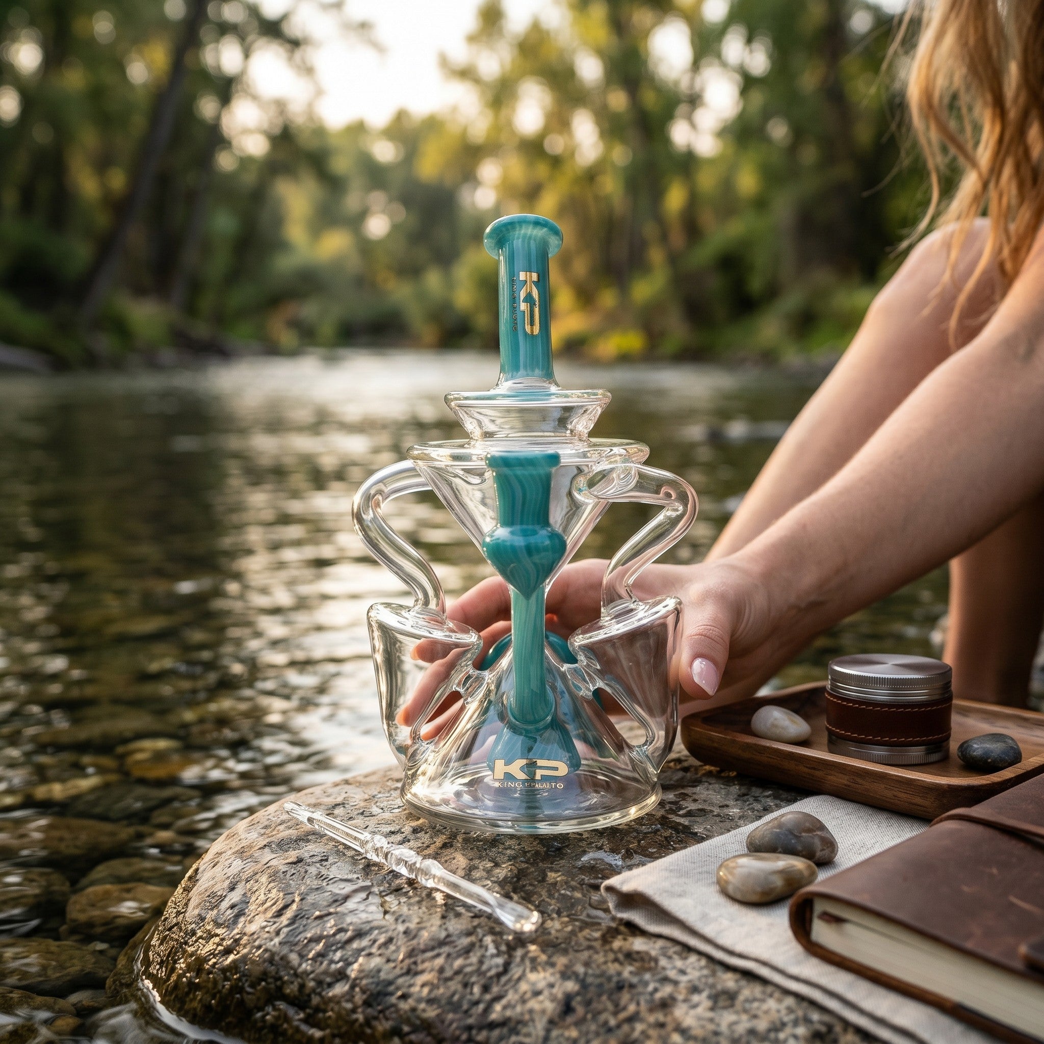 King Pluto KP123 LUMINOSITY glass water pipe with teal accents held by a person near a river at sunset.
