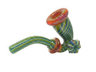 King Pluto PLSL1 MEZCAL hand-blown glass pipe featuring green and blue spiral patterns with orange accents.
