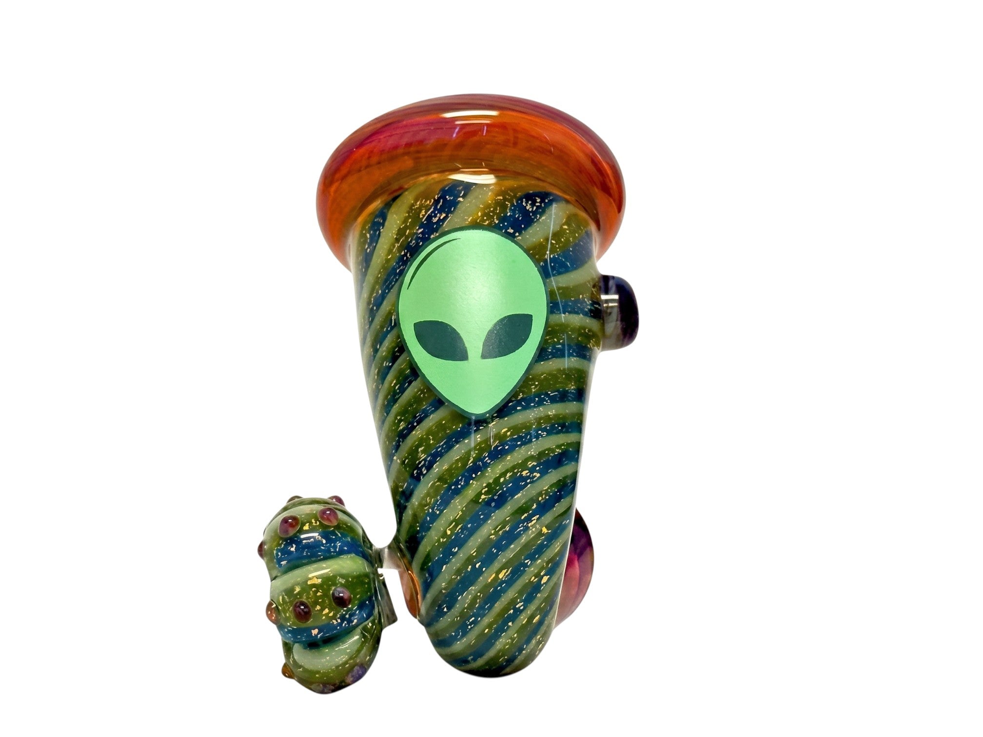 King Pluto PLSL1 MEZCAL glass hand pipe with green alien decal, blue and green spiral pattern, and gold fuming.