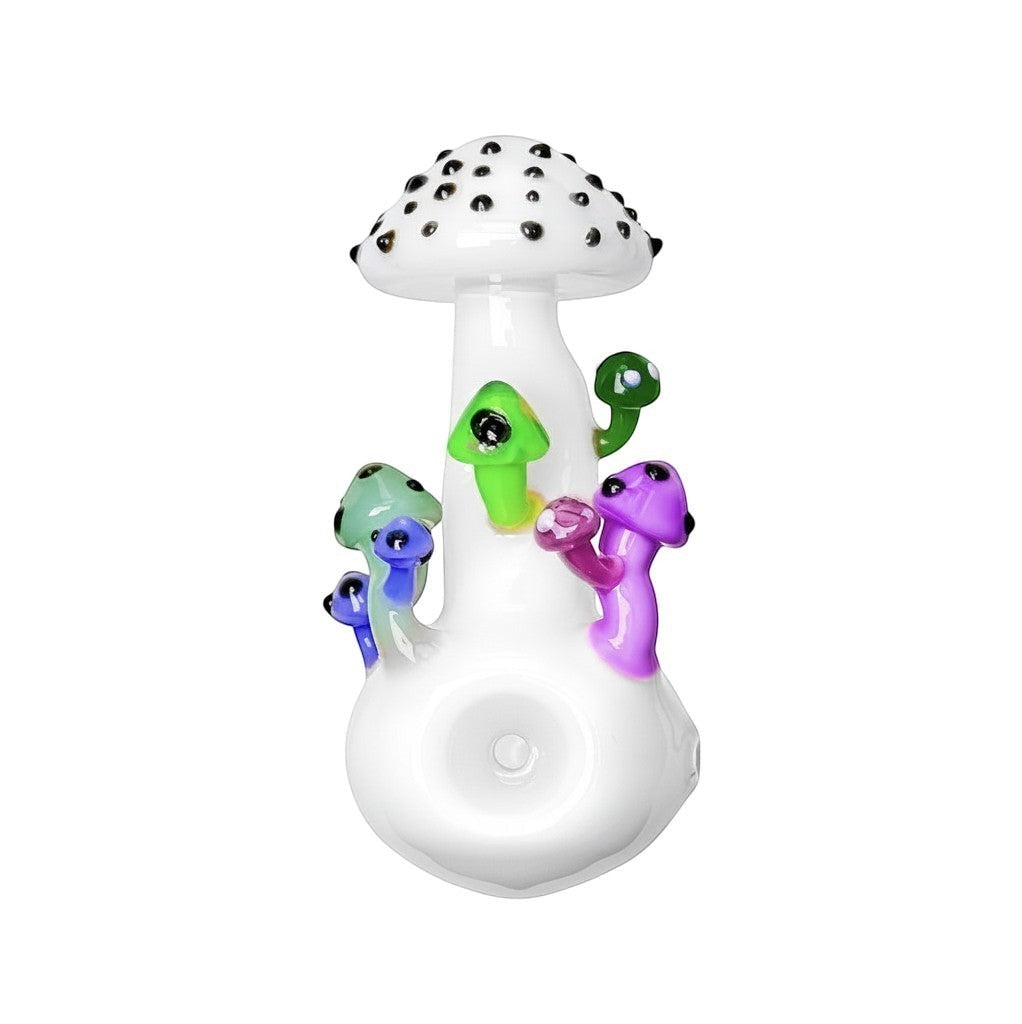 King Pluto 4-inch glass handpipe featuring a white mushroom design with colorful miniature mushroom accents