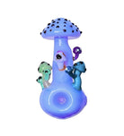 King Pluto 4-inch glass handpipe featuring a whimsical blue mushroom design with colorful accent mushrooms.