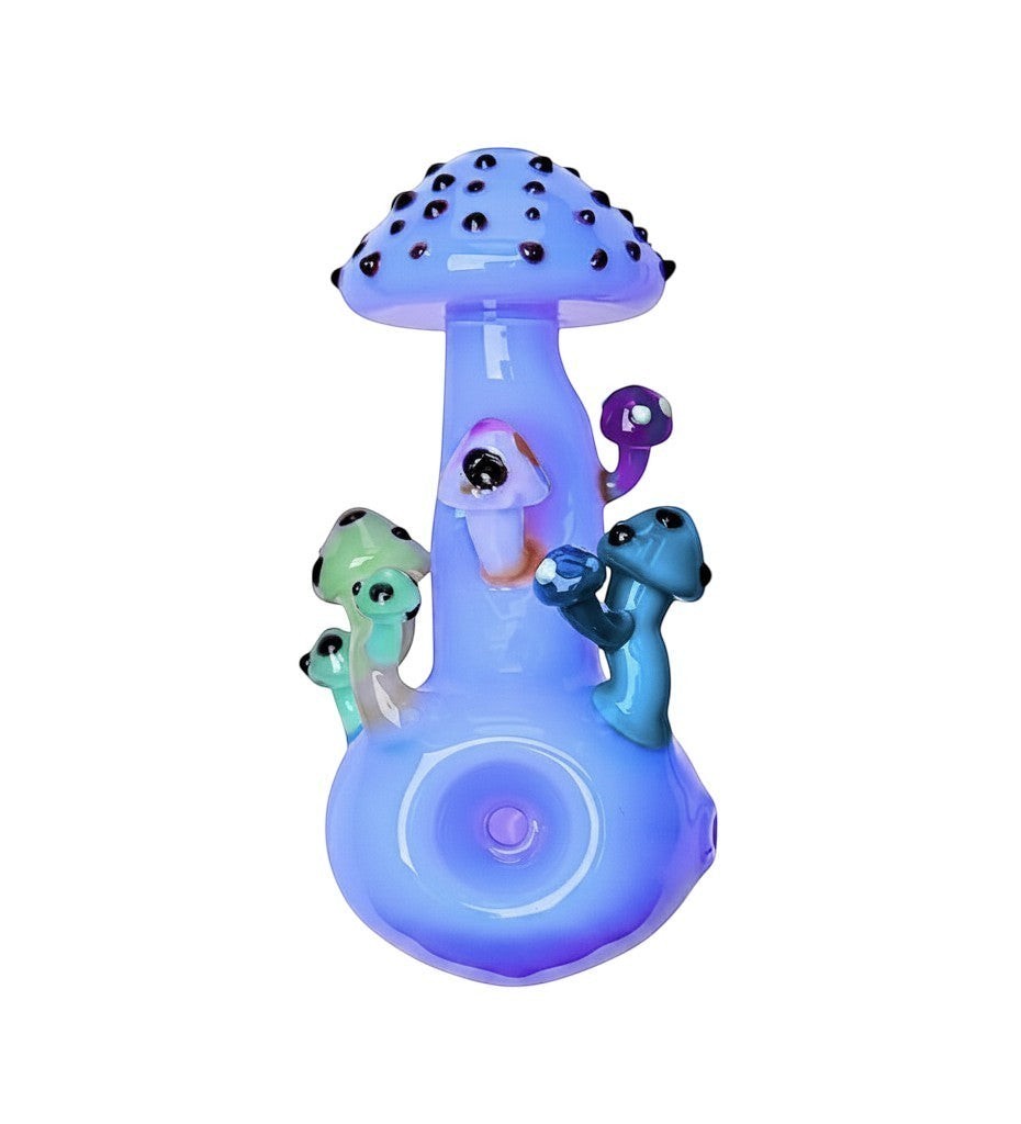 King Pluto 4-inch glass handpipe featuring a whimsical blue mushroom design with colorful accent mushrooms.