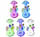 King Pluto 4-inch glass handpipe featuring a colorful mushroom design with assorted vibrant base colors.