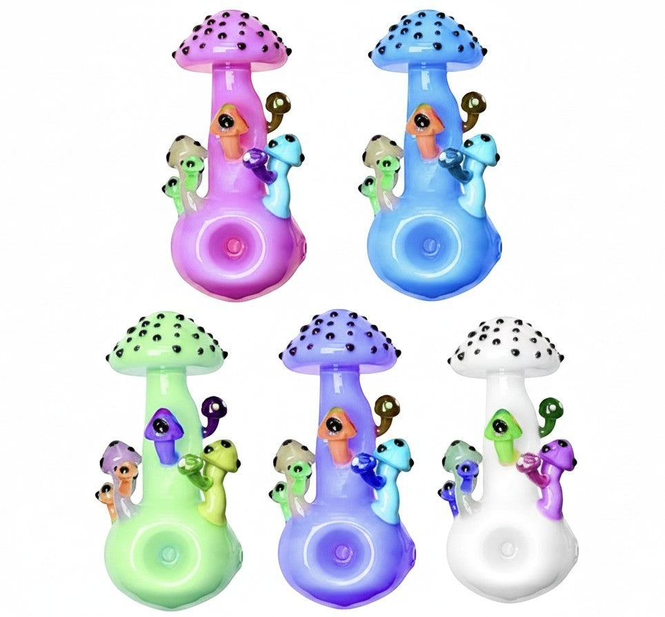 King Pluto 4-inch glass handpipe featuring a colorful mushroom design with assorted vibrant base colors.