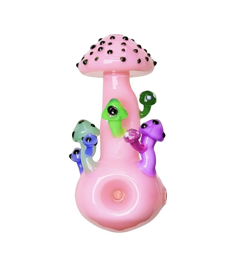 King Pluto 4-inch glass handpipe featuring a pink mushroom design with colorful decorative mini mushrooms.