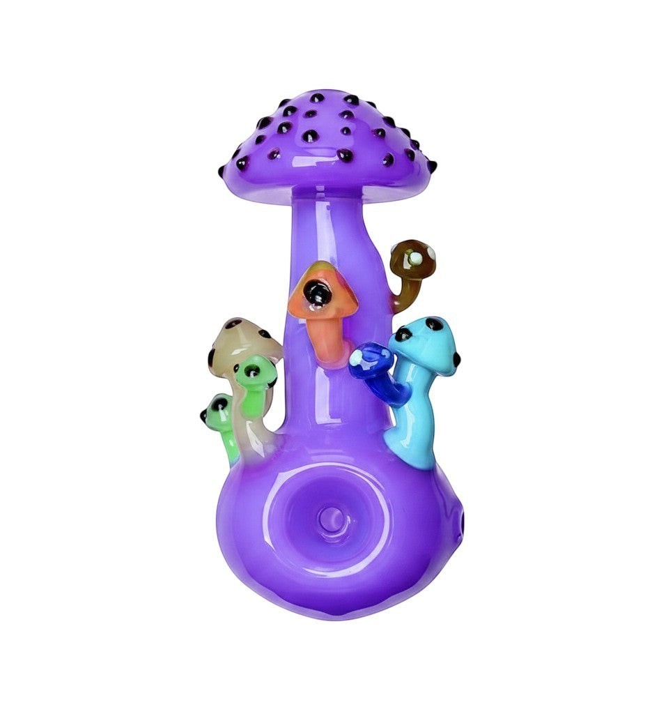 King Pluto 4-inch glass handpipe featuring a purple mushroom design with colorful decorative mini mushrooms.