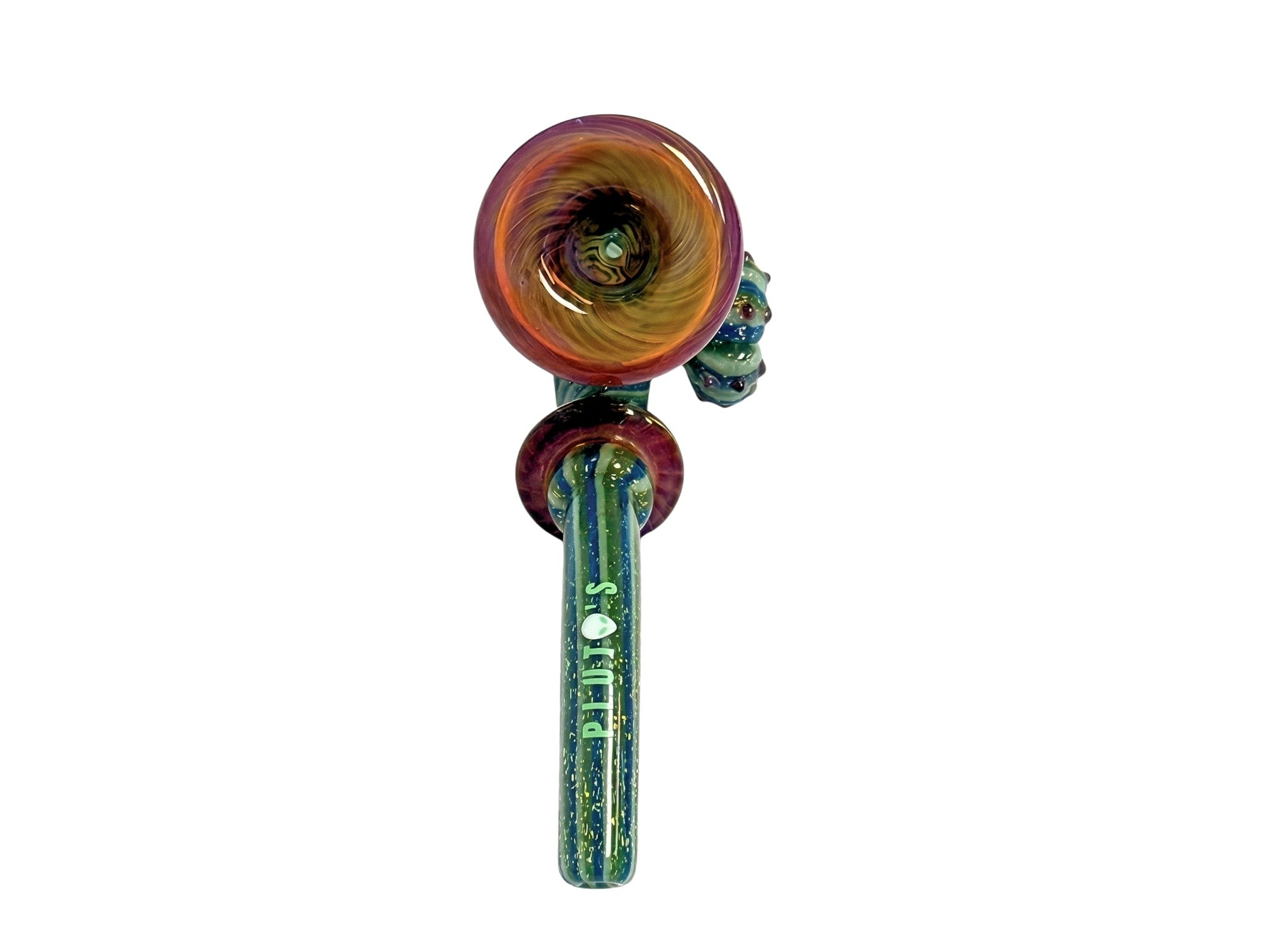 King Pluto PLSL1 MEZCAL hand pipe featuring a swirling orange and purple bowl with green speckled glass stem.