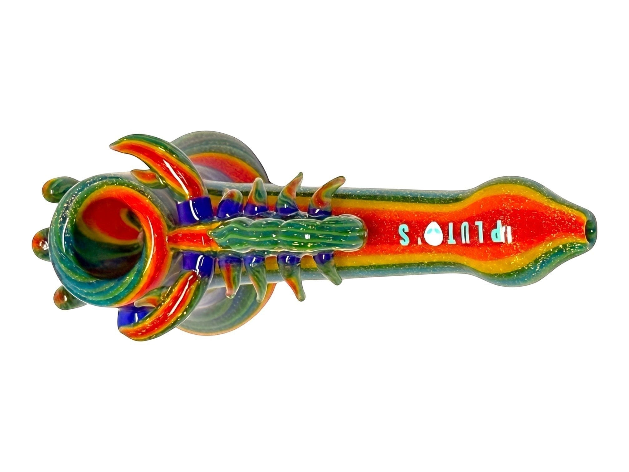 King Pluto PLBUB1 STING glass bubbler pipe with a vibrant multi-colored scorpion design and glitter finish.