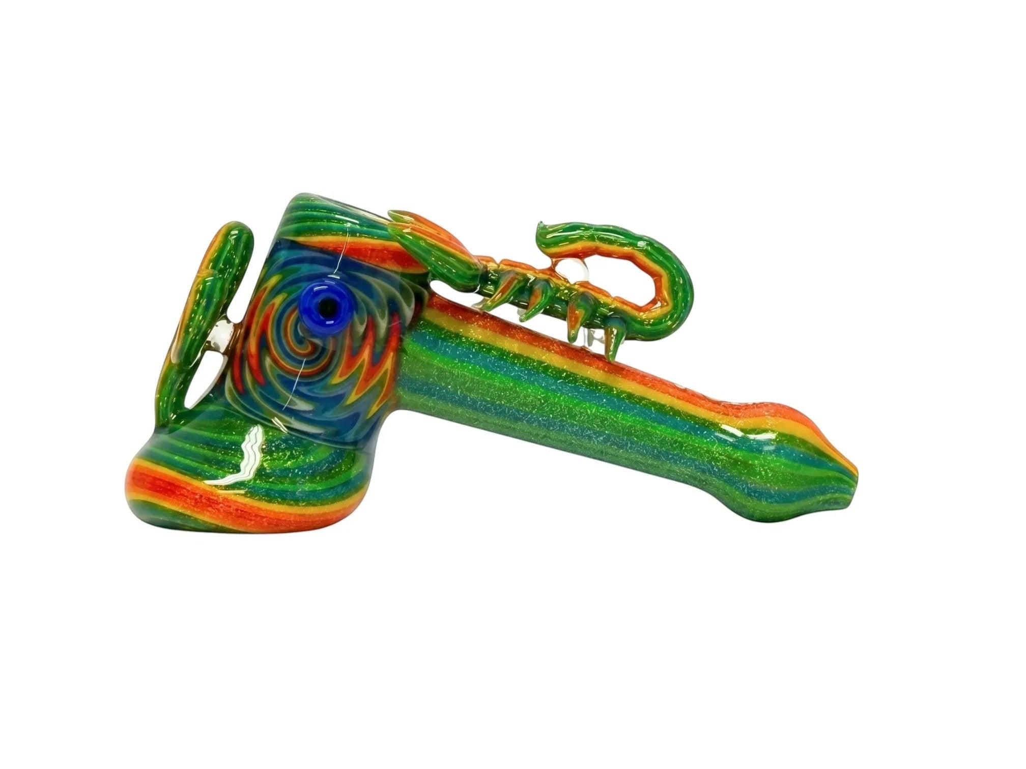 King Pluto PLBUB1 STING borosilicate glass hand pipe with a vibrant multi-colored swirl and sculpted scorpion design.