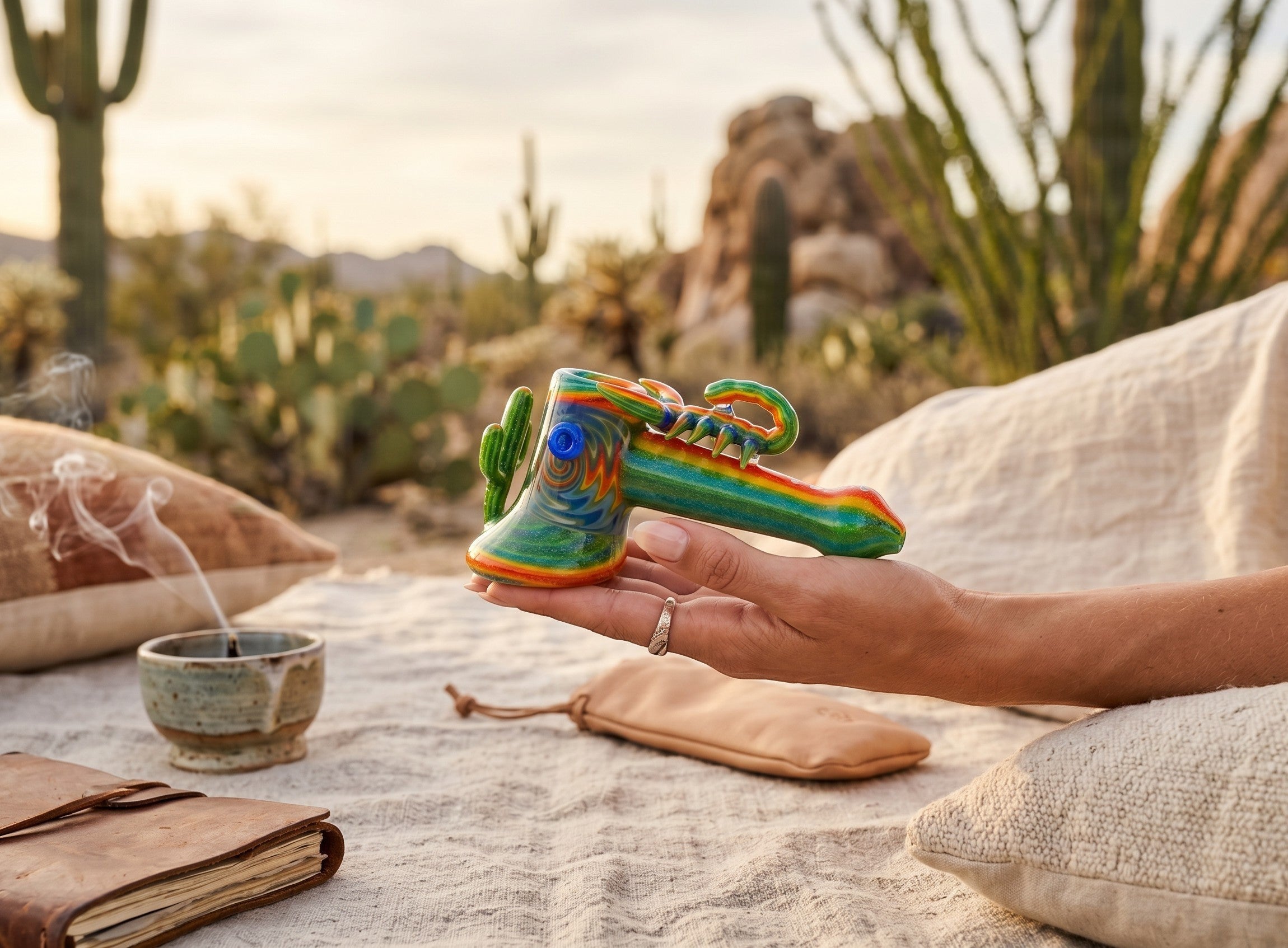 King Pluto PLBUB1 STING borosilicate glass pipe with green and blue swirl, scorpion sculpture, and desert backdrop.