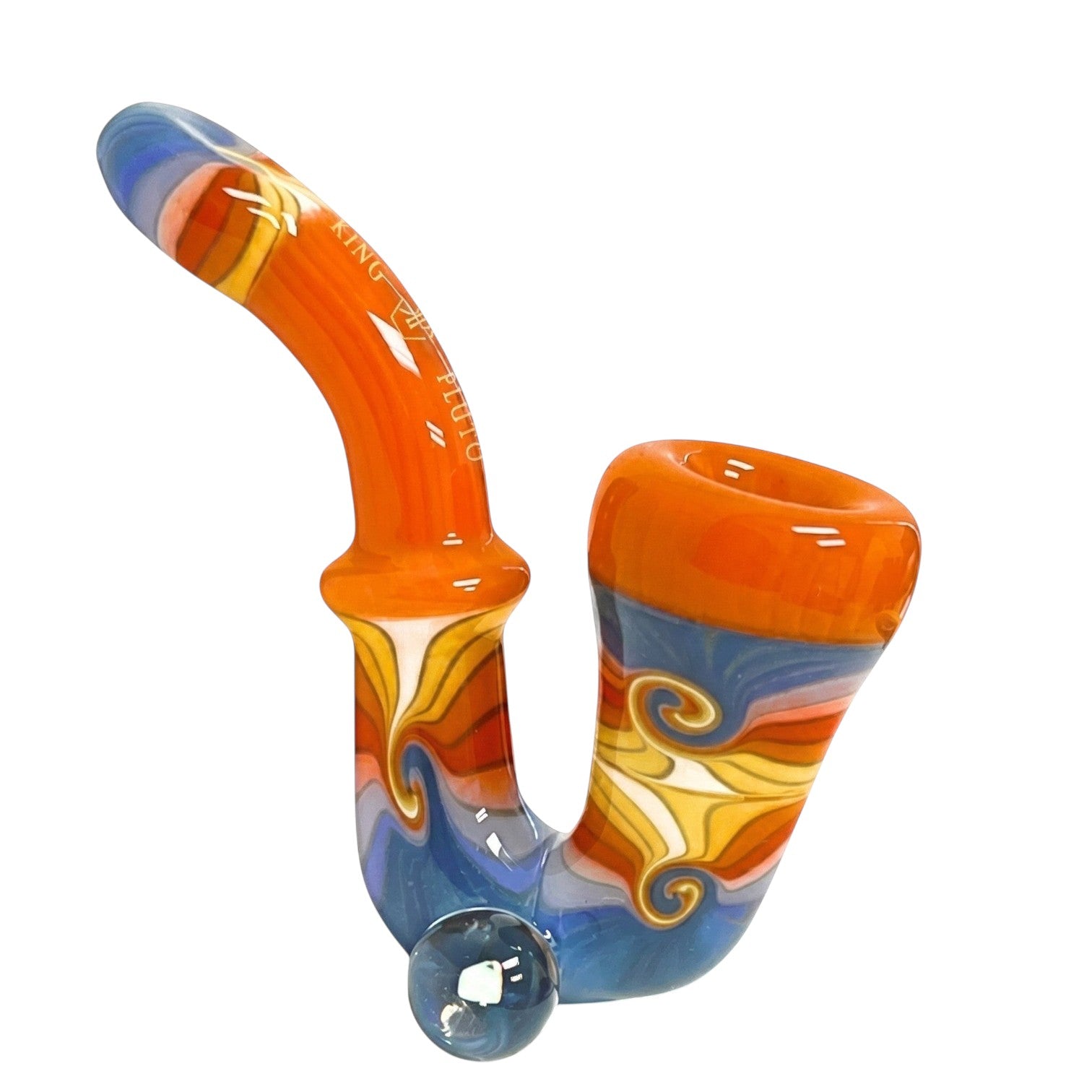 King Pluto 5-inch glass sherlock pipe featuring a swirled reversal wigwag design, American colors, and an opal accent.