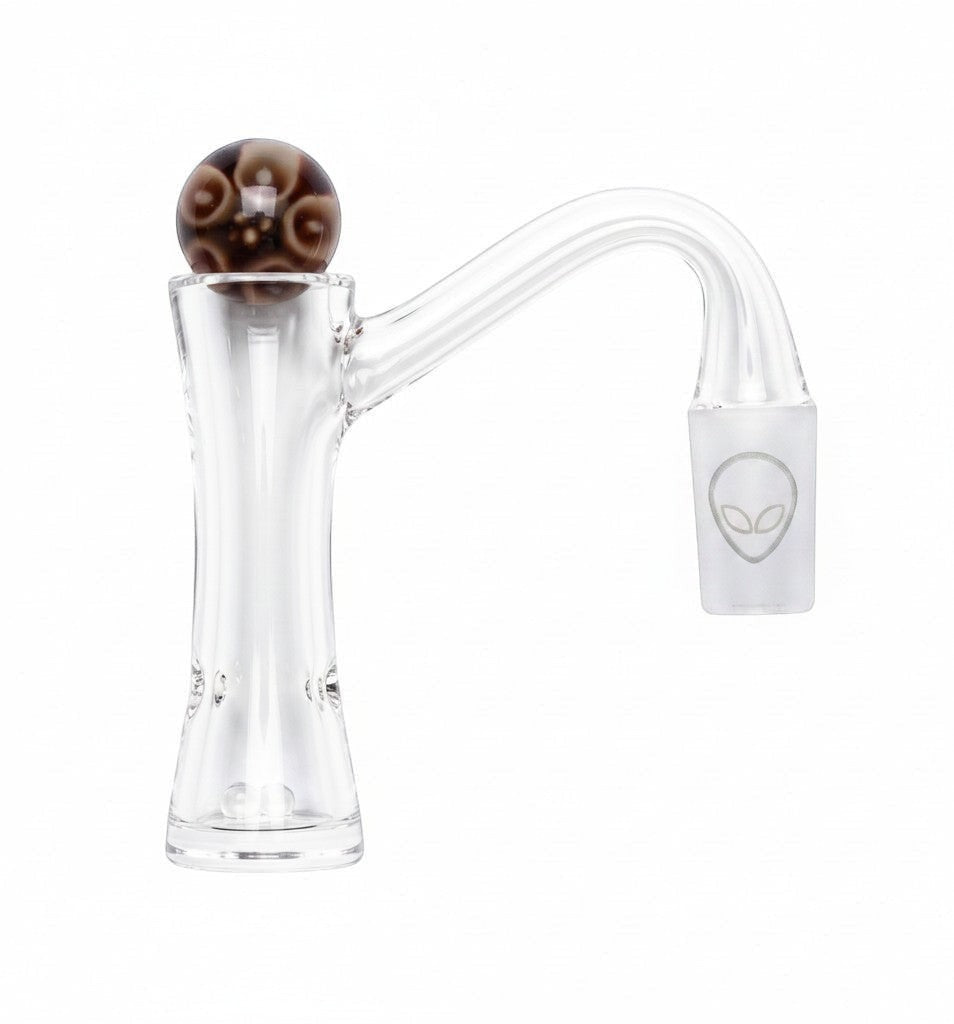 King Pluto PLQB9 URSA clear borosilicate glass carb cap with a patterned marble topper and alien head logo